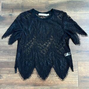Anthropologie Bishop + Young size Medium Black Lace Blouse Fringe Doily
